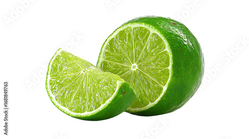 Fresh lime cut in half and a slice isolated on transparent background