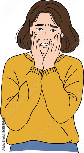 Worried woman in yellow sweater showing anxious expression and stressed emotion vector illustration 