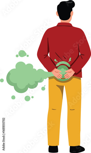 Man experiencing flatulence farting with green gas cloud behind in casual clothing vector illustration 