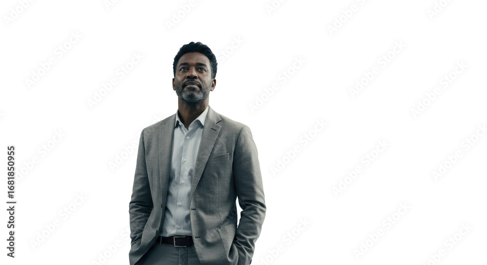 Fototapeta premium Diverse male professional, late 30s-early 40s, in business casual, looks thoughtfully upward in bright modern minimalist corporate workspace with soft bokeh, embracing future possibilities