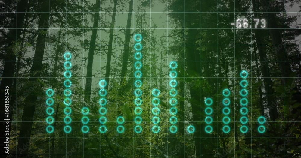 Fototapeta premium Showing bar chart grid overlaying misty pine forest, with glowing turquoise nodes and readout 66