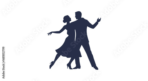 A dark blue silhouette of a man and woman dancing together in a studio