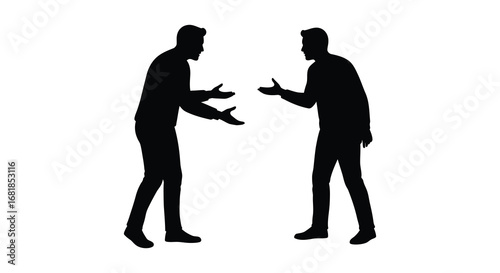 Two men standing and talking to each other in silhouette