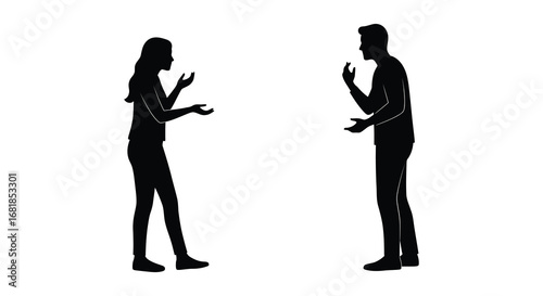 Silhouettes of a man and woman standing and talking to each other