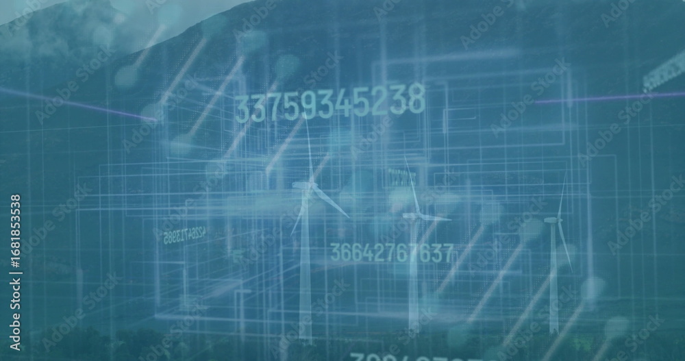 Fototapeta premium Displaying wind turbines across mountain valley, with blueprint grid and floating numeric strings