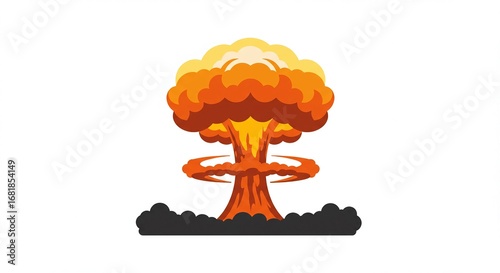 Stylized cartoon illustration of a large, fiery mushroom cloud explosion with smoke and debris.