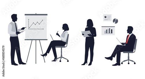 Business people discussing and analyzing data in a meeting room setting