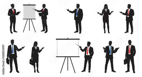 Business people in various presentation poses in silhouette on white background