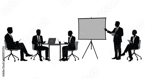 Business team meeting with presentation on whiteboard and laptops