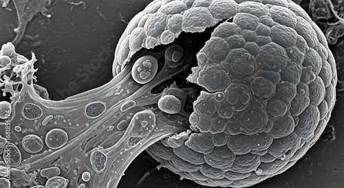 Scanning electron micrograph showing a fungal sporangium rupturing to release internal spores in a dramatic display of asexual reproduction