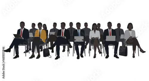 a group of business people sitting in a row with laptops
