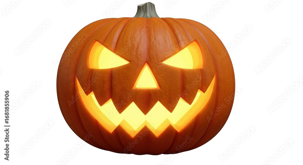 Fototapeta premium A glowing jackolantern with a carved spooky face sits on a transparent background, ready for halloween