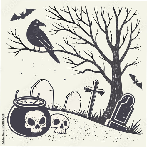 Halloween spooky graveyard with crow and cauldron cemetery