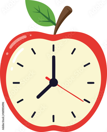 Apple shaped clock with red skin and green leaf showing time concept vector design 