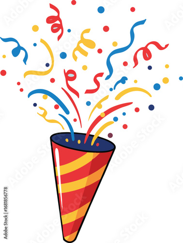 Party popper with colorful confetti and streamers celebration vector illustration festive design 