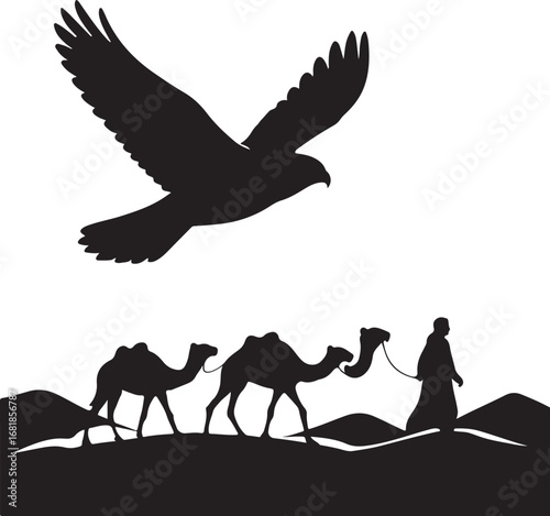 Black silhouette of a hawk flying above a camel caravan crossing a desert landscape sand dunes