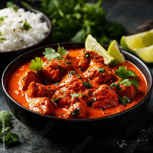 a bowl of chicken korma on a dark wooden surface, with fresh coriander leaves and rice in the background. the sauce is an orange-red color and looks rich, with large pieces of marinated chicken, 