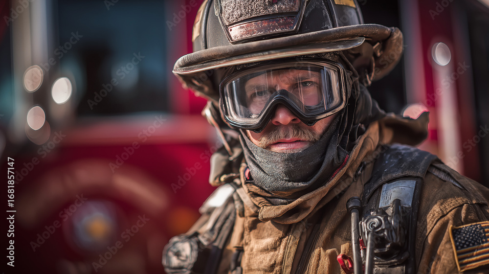 Fototapeta premium Firefighter in full gear standing by a fire truck