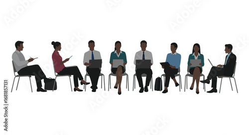 a diverse group of business professionals sitting in a row on chairs