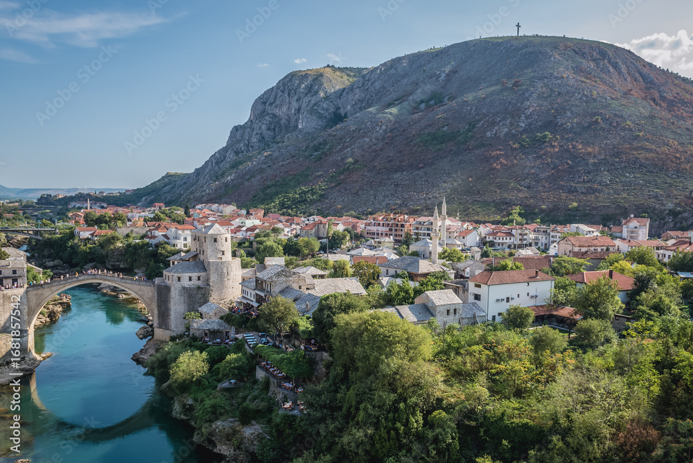 Obraz premium Aerial view on Mostar city with Old Bridge and Hum Hill, Bosnia and Herzegovina