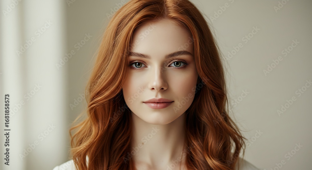 Fototapeta premium Portrait of serene red-haired woman with striking eyes in soft natural light looking at camera