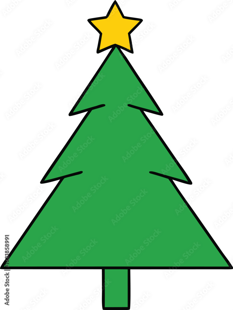 Fototapeta premium Festive green christmas tree illustration with golden star vector graphic