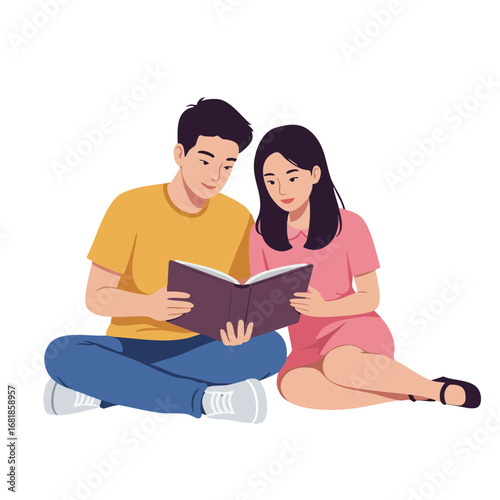Young couple reading book together sitting on floor in casual clothing vector illustration 