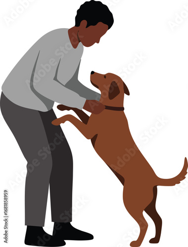 Man playing with brown dog standing on hind legs in casual clothes vector illustration 