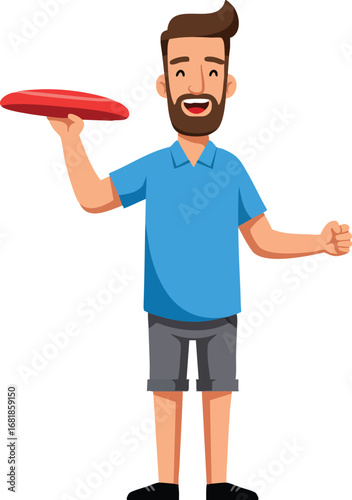 Man holding a red frisbee playing outdoor leisure game in casual summer clothing vector illustration 
