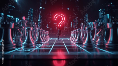 A lone figure stands in a futuristic cityscape chessboard, contemplating a glowing question mark above