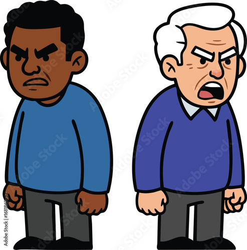 Two angry men standing side by side with clenched fists and frowning expressions in cartoon style vector illustration 