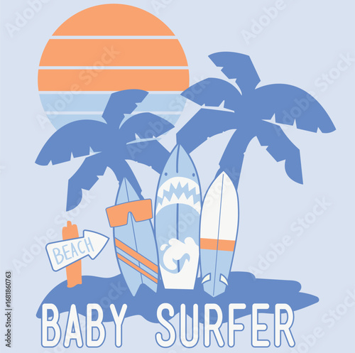 baby surfer graphic with sun, palm tree, and surfboard
Background on light blue.summer graphic for boys and toddlers 