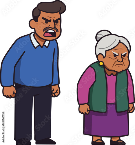 Angry elderly woman and middle-aged man arguing in illustration style with expressive faces and body language 