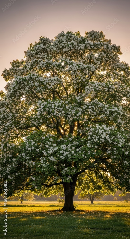 Naklejka premium Majestic blooming tree in sunlit meadow at sunset