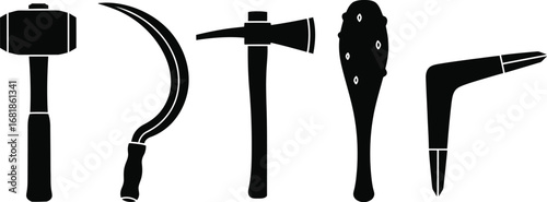Tools weapons set vector illustration hammer sickle axe club boomerang