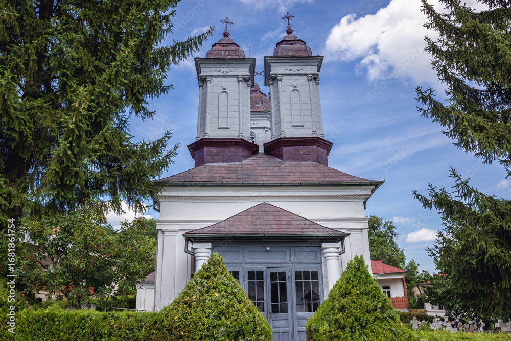 Fototapeta premium Exterior view of church in Ciolanu Orthodox Monastery near Tisau and Magura villages in Romania