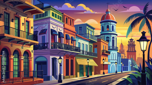Havana’s Old Town, Cuba, captivates with colorful colonial buildings, wrought-iron balconies, and patterned streets. Twilight lamps glow warmly; semi-realistic flat vector emphasizing vintage charm, u