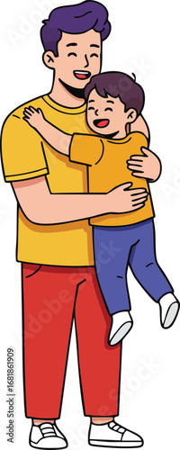 Father and son hugging happily in casual clothes vector illustration showing family love and bonding 
