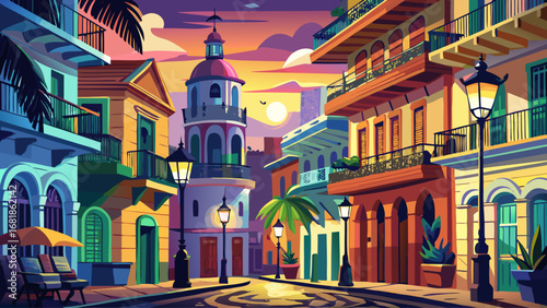 Havana’s Old Town, Cuba, captivates with colorful colonial buildings, wrought-iron balconies, and patterned streets. Twilight lamps glow warmly; semi-realistic flat vector emphasizing vintage charm, 