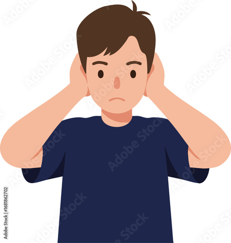 Young boy covering ears with hands feeling stressed or anxious in navy blue shirt vector illustration 