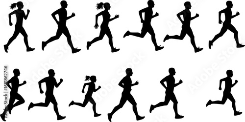 set of vector silhouette of running people white background

