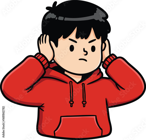 Young boy in red hoodie covering ears with hands expressing frustration and annoyance vector illustration 