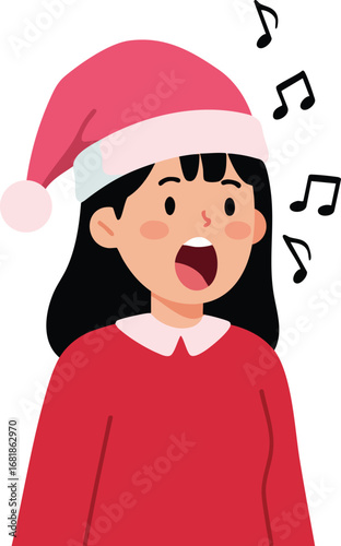 Girl wearing red sweater and Santa hat singing Christmas carols with music notes vector illustration 