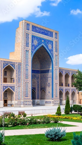 Ancient mosque facade, garden setting