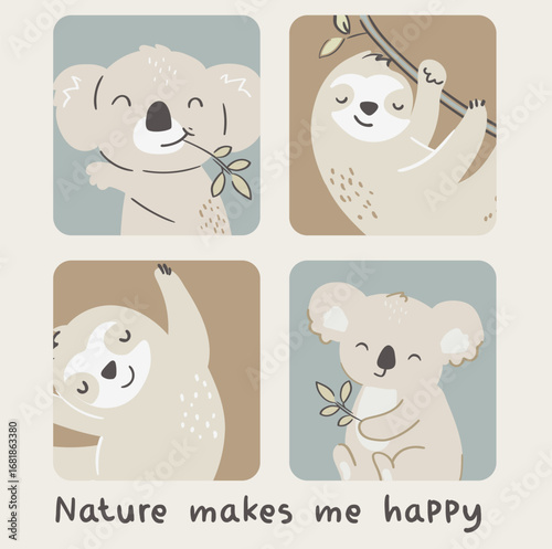 Cut babay koala and sloth best friend  graphic with text nature makes me happy background light beige koala eating grass leaf and sloths is sleeping 