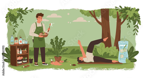 Balancing wellness gardening, exercise, and healthy drinks in a lush backyard