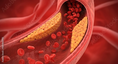 3D Medical Illustration:  Atherosclerosis, Cholesterol Plaque Buildup in Artery, Blood Flow Restriction.