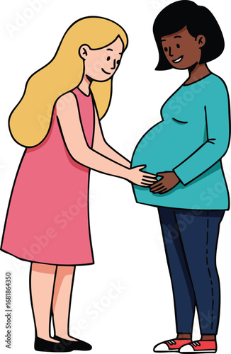 Pregnant woman and friend touching belly in supportive interaction vector illustration for motherhood and friendship concepts