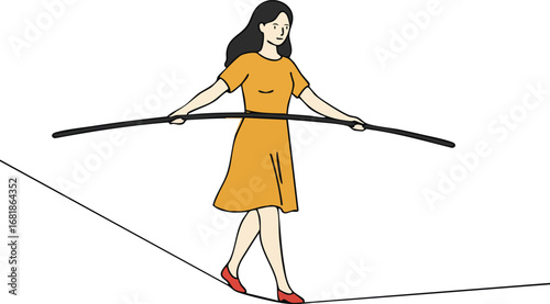 Woman balancing on tightrope with balancing pole in orange dress and red shoes vector illustration 