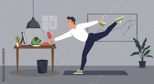 A man balances a healthy lifestyle with work, practicing a yoga pose in the office while holding a nutritious smoothie. Vector illustration of wellness and corporate life